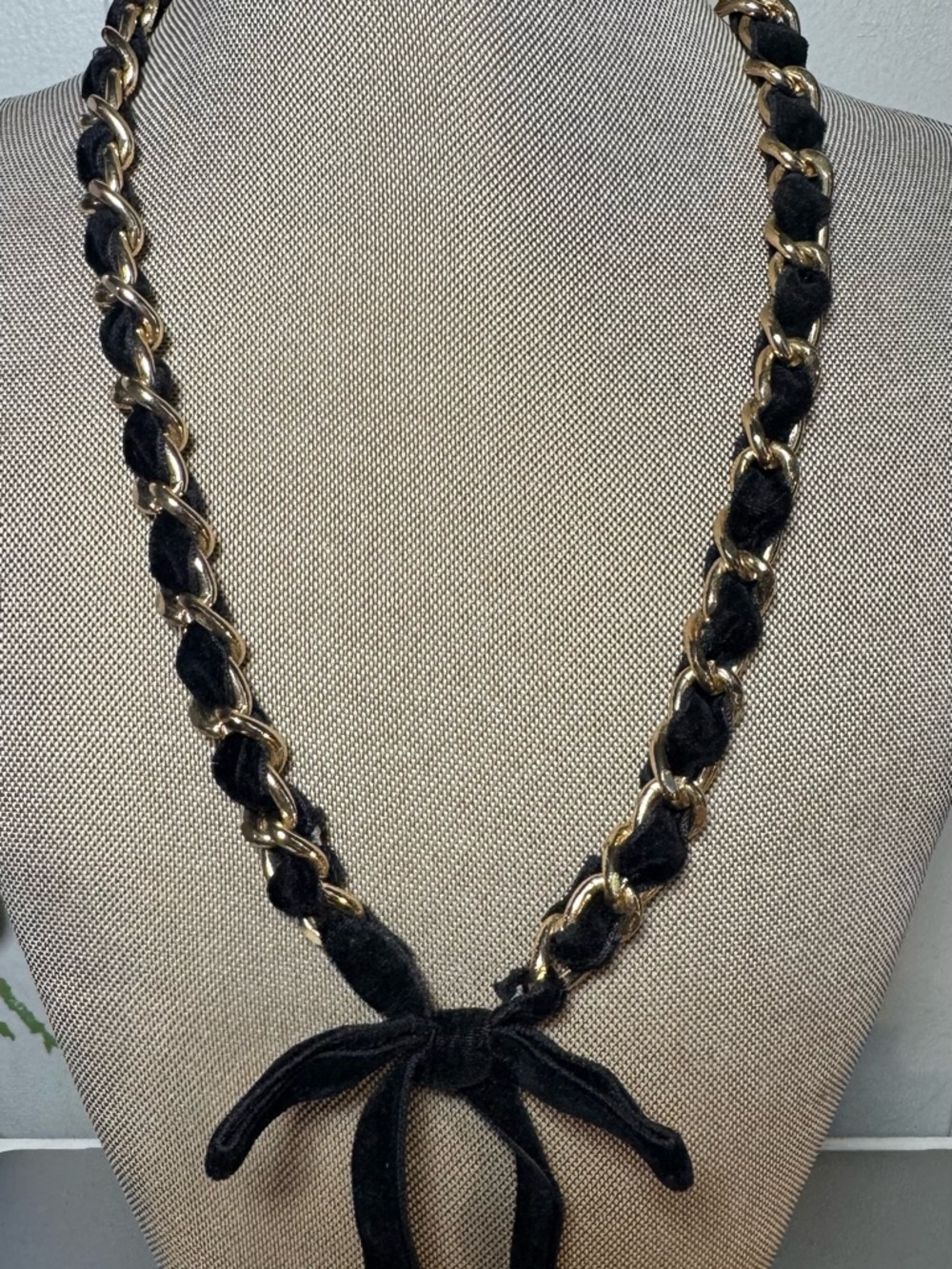 Liz Claiborne Gold-Tone Chain with Black Ribbon Tie Necklace
